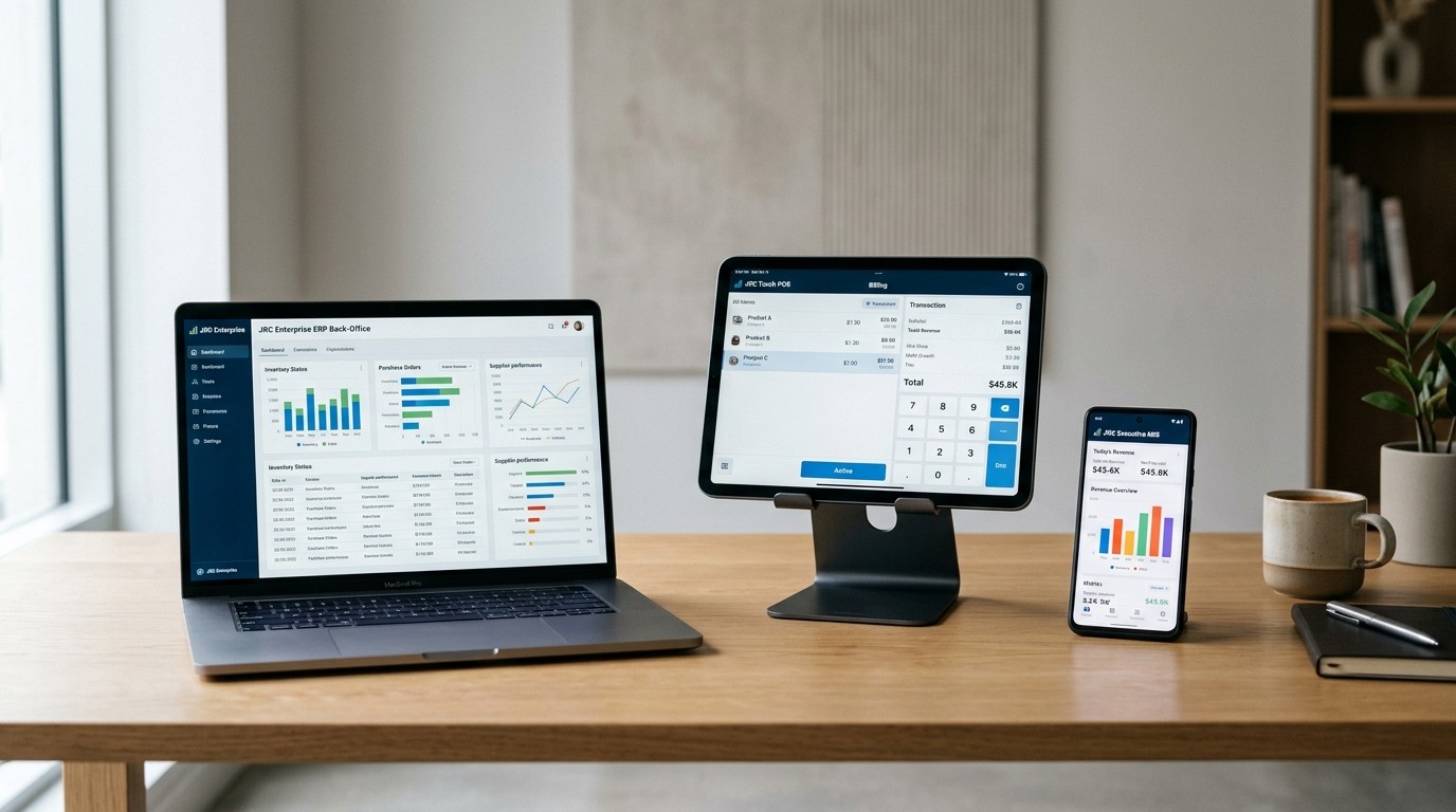JRC Unified Multi-Device Platform showing Back-Office ERP on Laptop, Touch POS on Tablet, and Executive MIS on Smartphone in a clean studio product shot