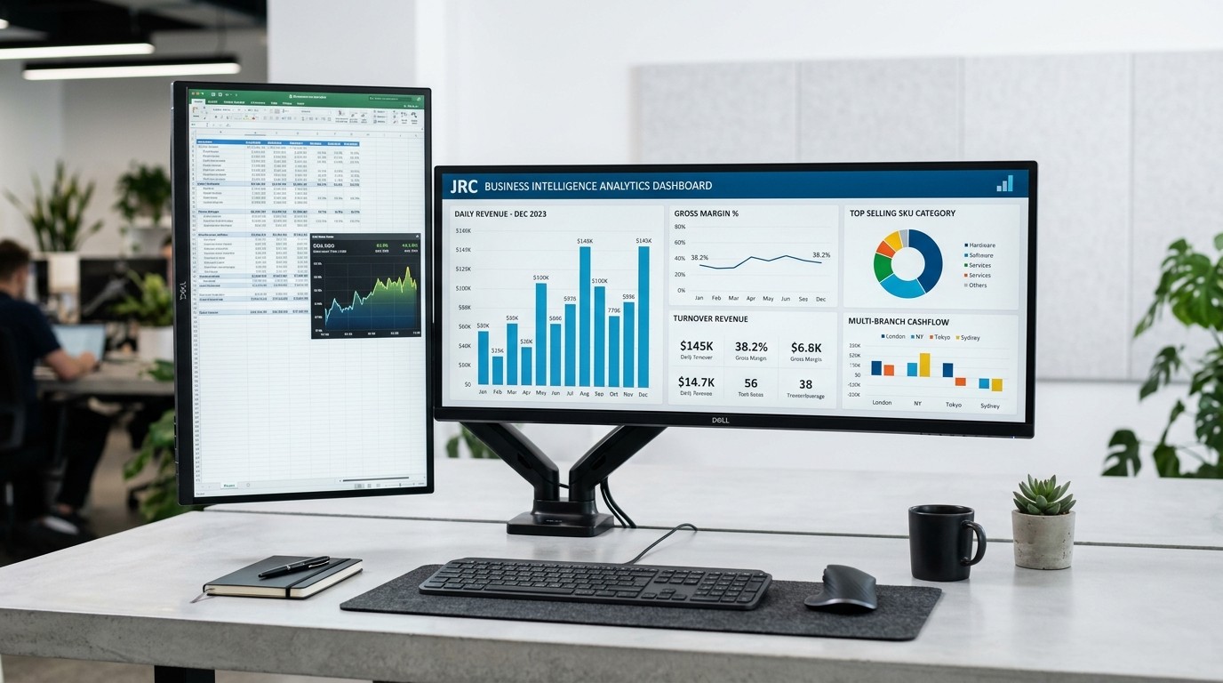 JRC analytics dashboard showing a sales trend chart with top product and collections summary
