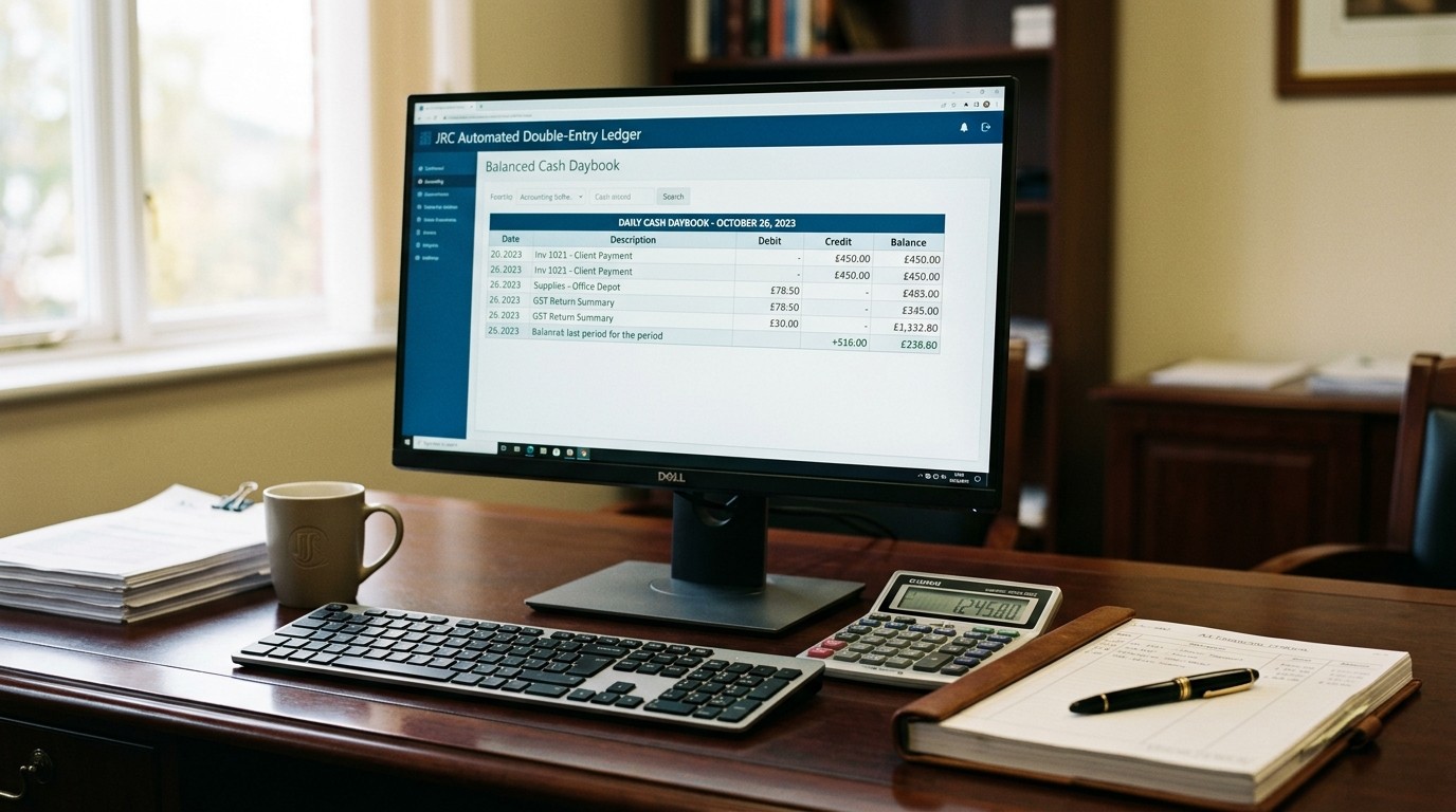 JRC finance screen showing an auto-generated double-entry ledger voucher