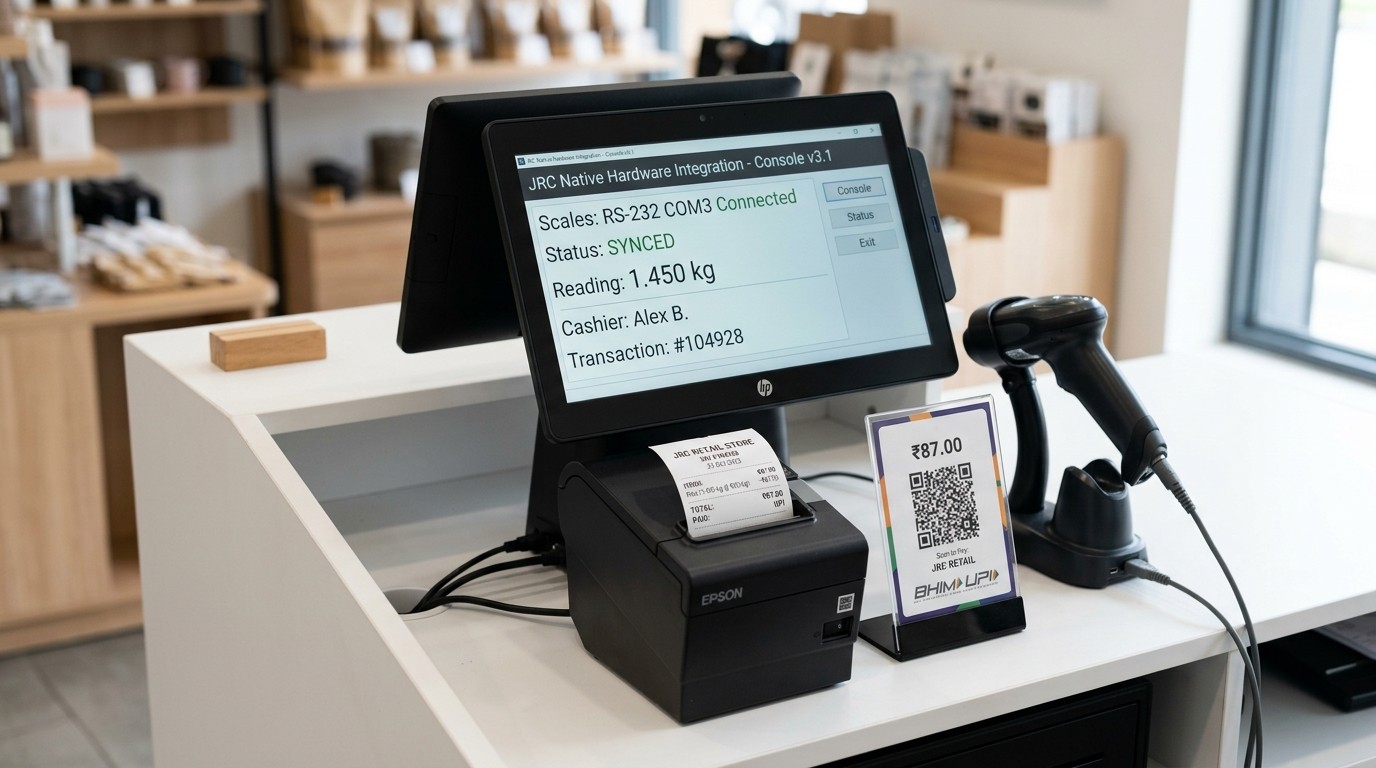 Diagram showing barcode scanner, weighing scale, printer and RFID reader connecting directly into JRC