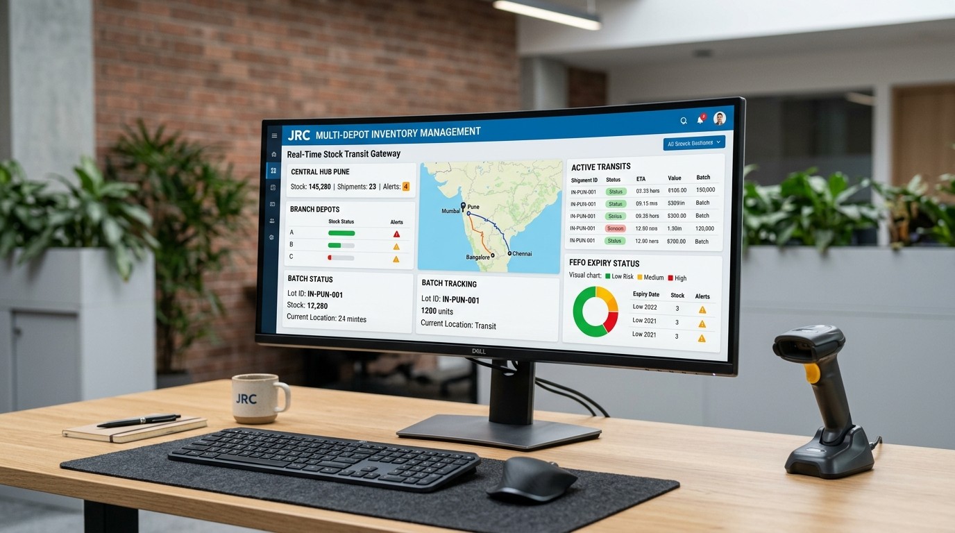 JRC inventory screen showing a stock transfer in transit between two branch locations