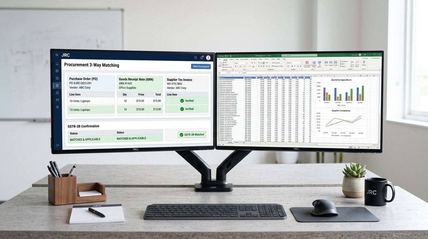 JRC purchase screen matching a purchase order, GRN and vendor invoice before payment approval