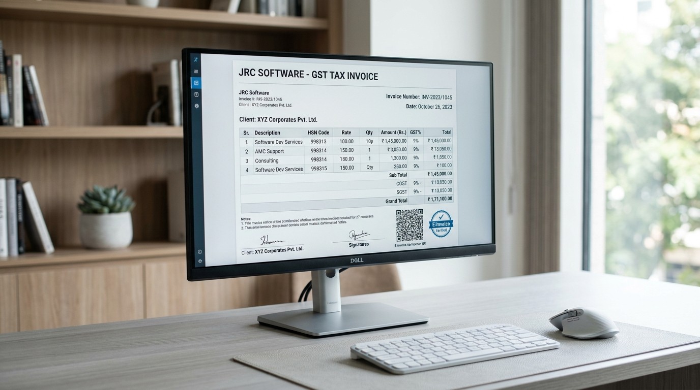 JRC GST tax invoice screen with itemized HSN codes, tax breakup and e-invoice IRN