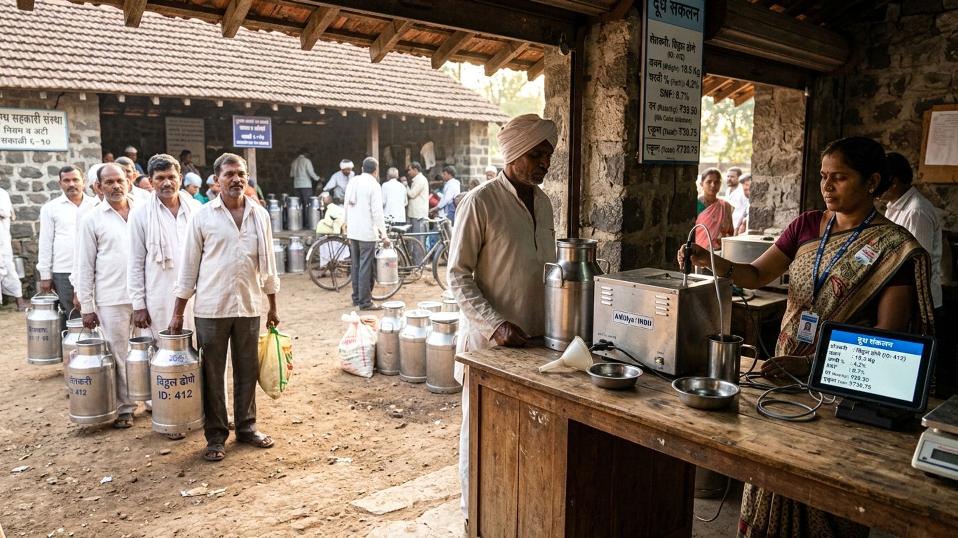 Rural Maharashtra dairy cooperative milk collection center counter with milk cans, fat analyzer, and JRC milk intake terminal