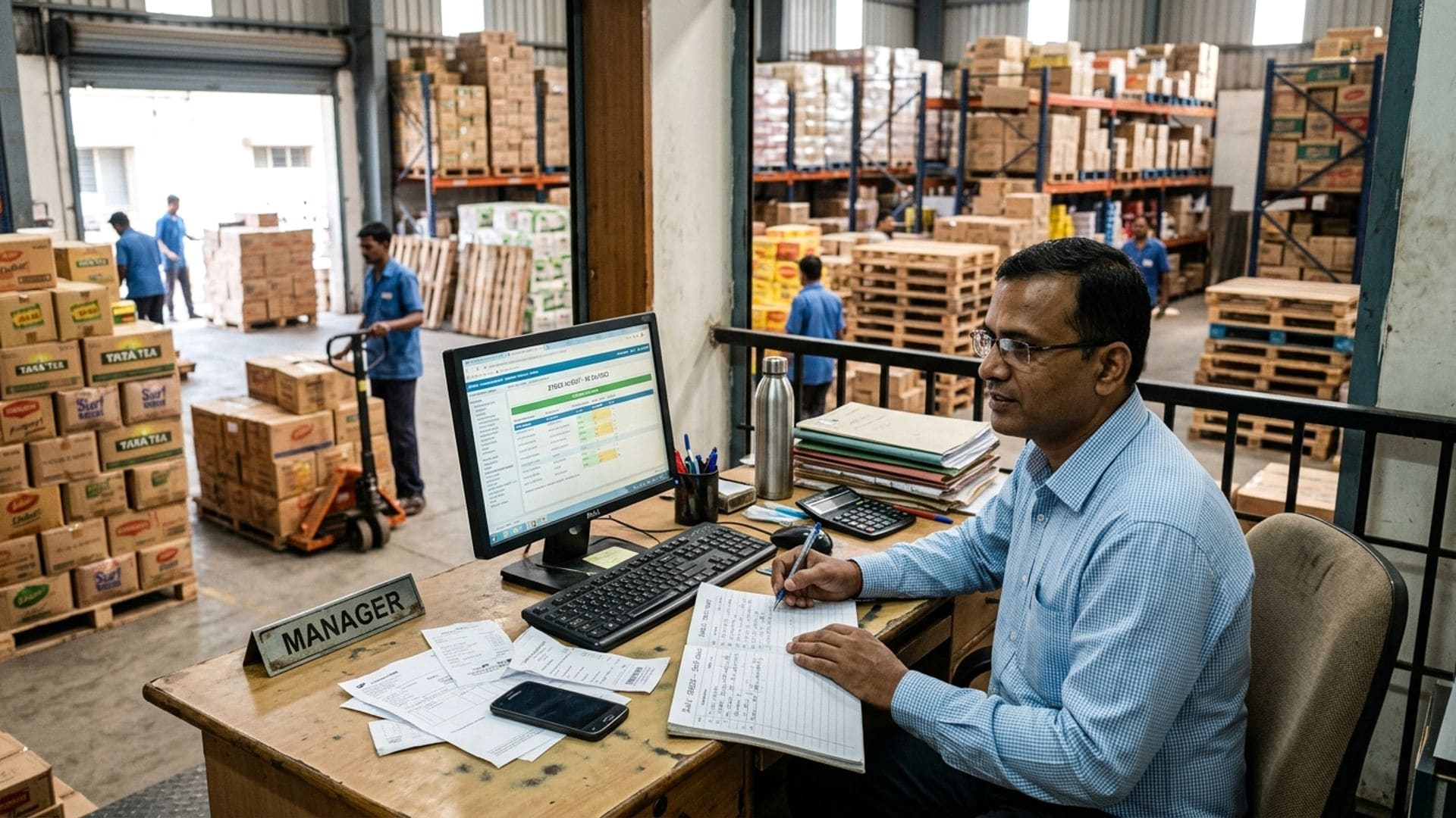 Wholesale distribution warehouse office desk with monitor displaying JRC dealer order allocation