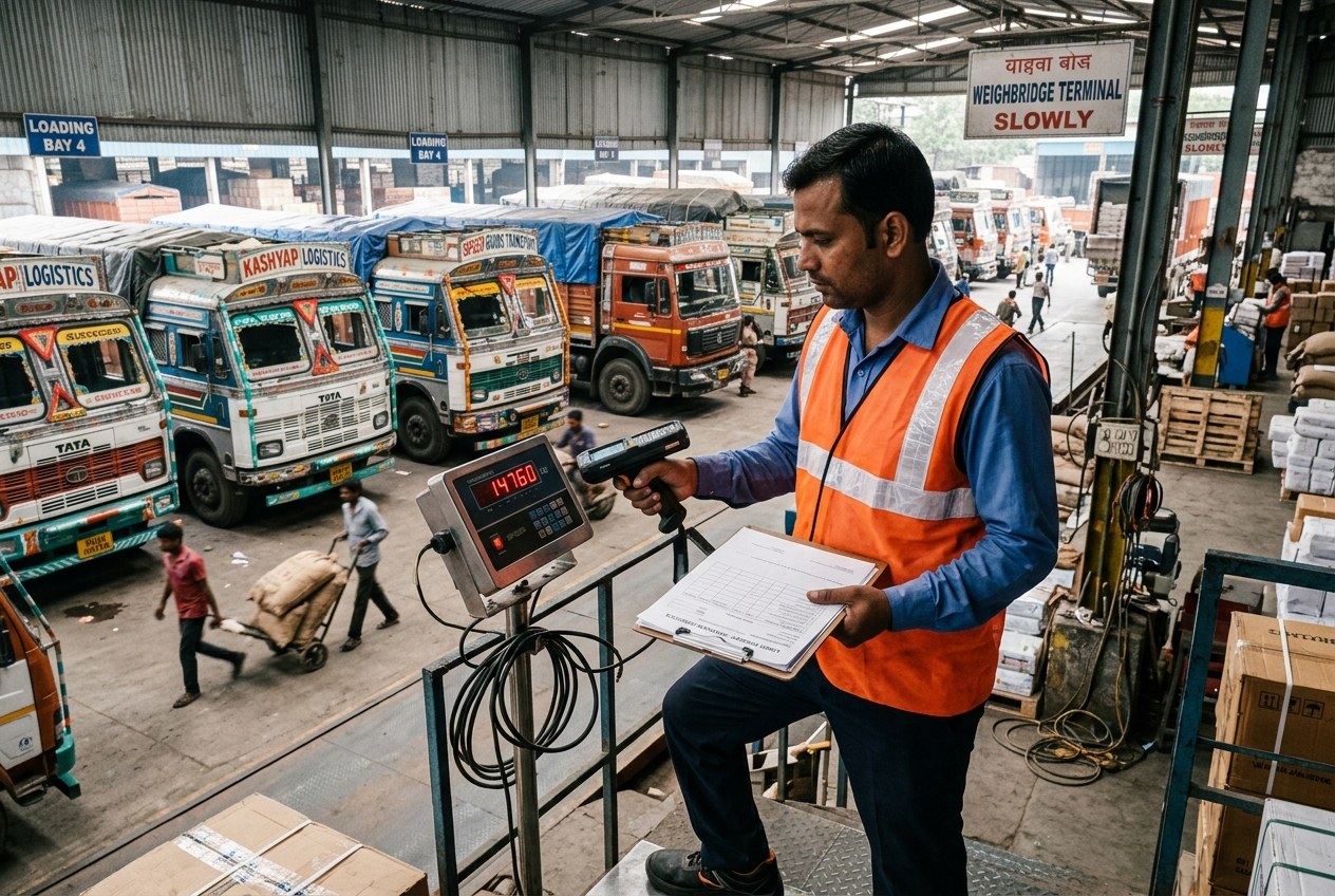 Logistics operations manager at a freight truck loading cross-dock terminal with handheld barcode scanner and weighbridge terminal