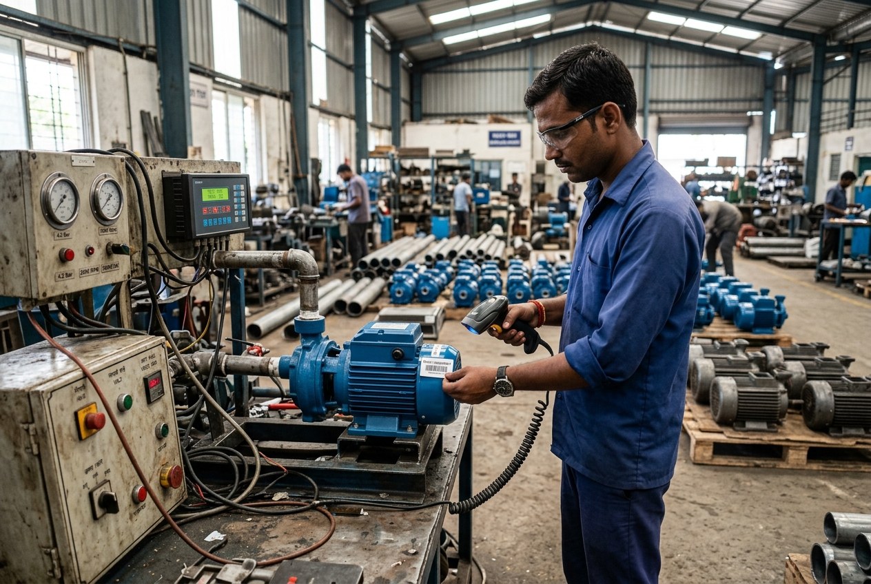 Assembly technician testing electric water motor pump unit on test rig with barcode scanner in an Indian pump and piping manufacturing plant