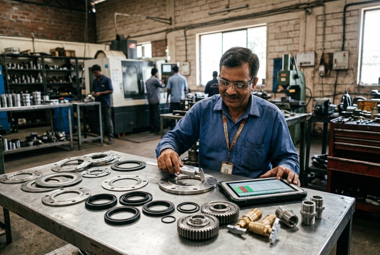 Quality engineer measuring manufactured flange gaskets, seals, gears and machinery spare parts with digital vernier caliper and QC tablet in factory