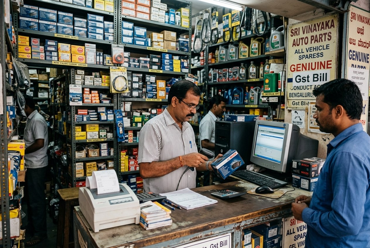 Automobile spare parts retail store counter with barcode scanner, computerized POS billing and direct GST tax invoicing